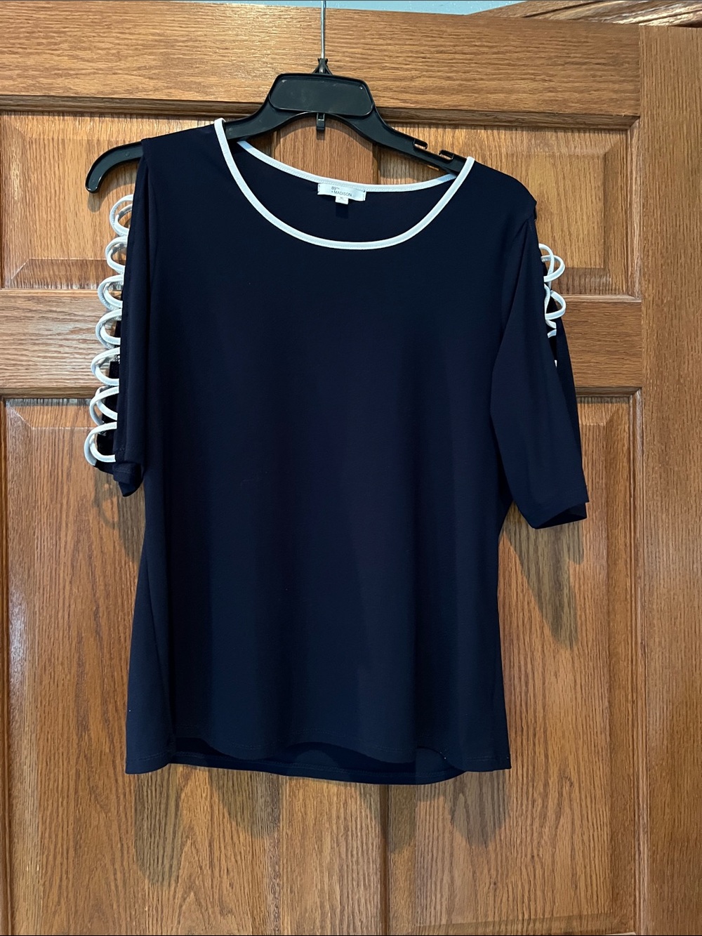 89th & Madison Navy Short Sleeve Top with White Trim and Ladder Sleeve Accents